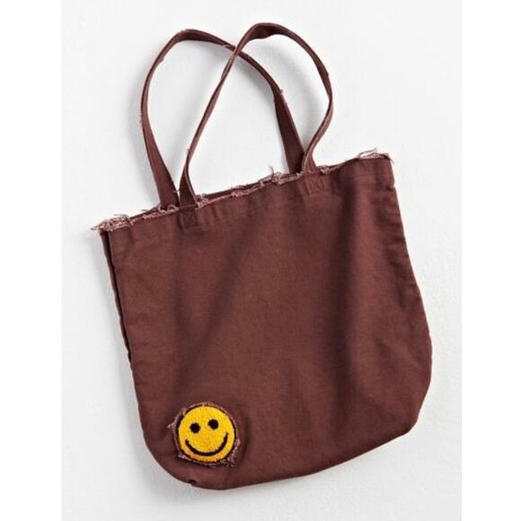Urban Outfitters Smile Patch Distressed Canvas Brown Tote Bag - Picture 1 of 12